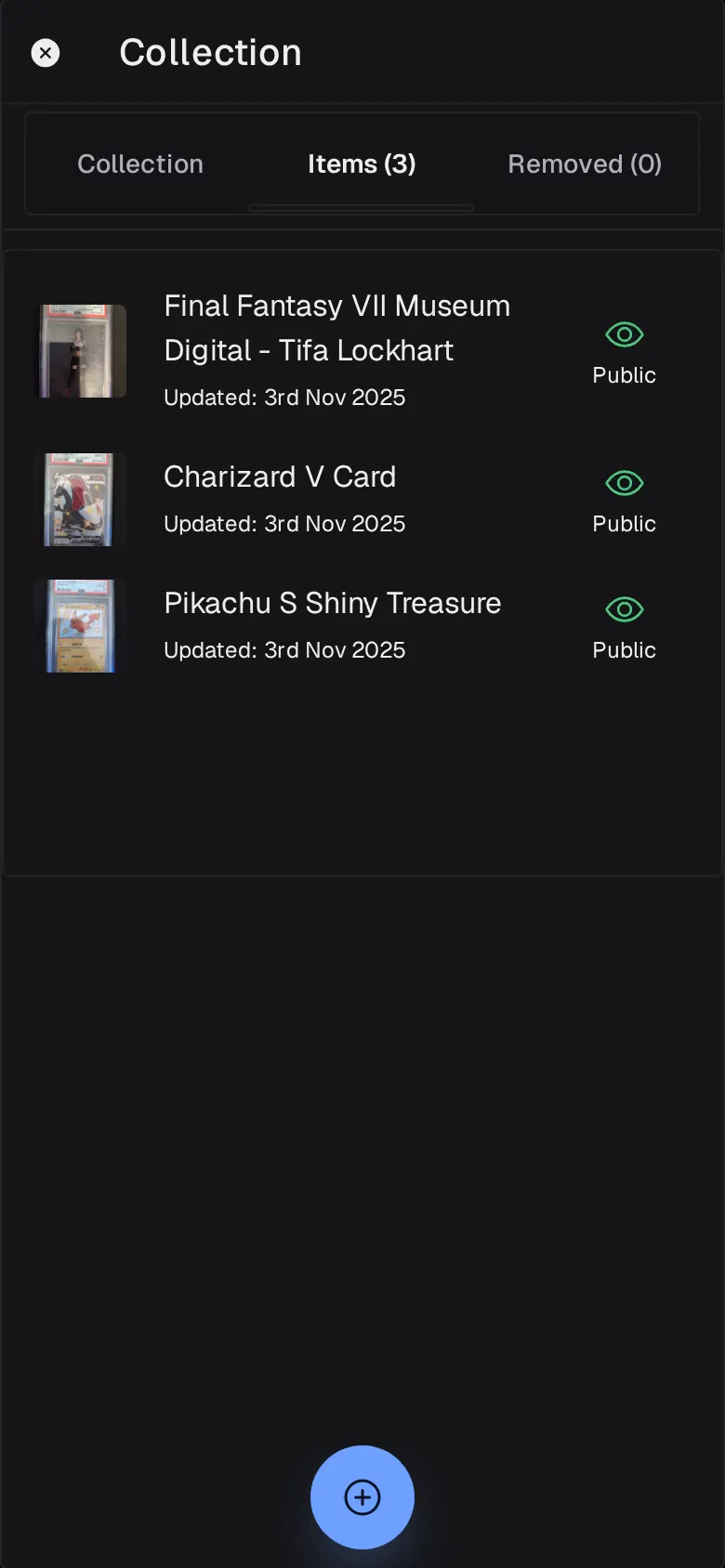 The Items tab of a collection listing three graded Pokémon and Final Fantasy cards