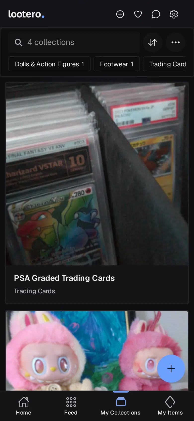 My Collections in Lootero showing a PSA graded trading cards collection