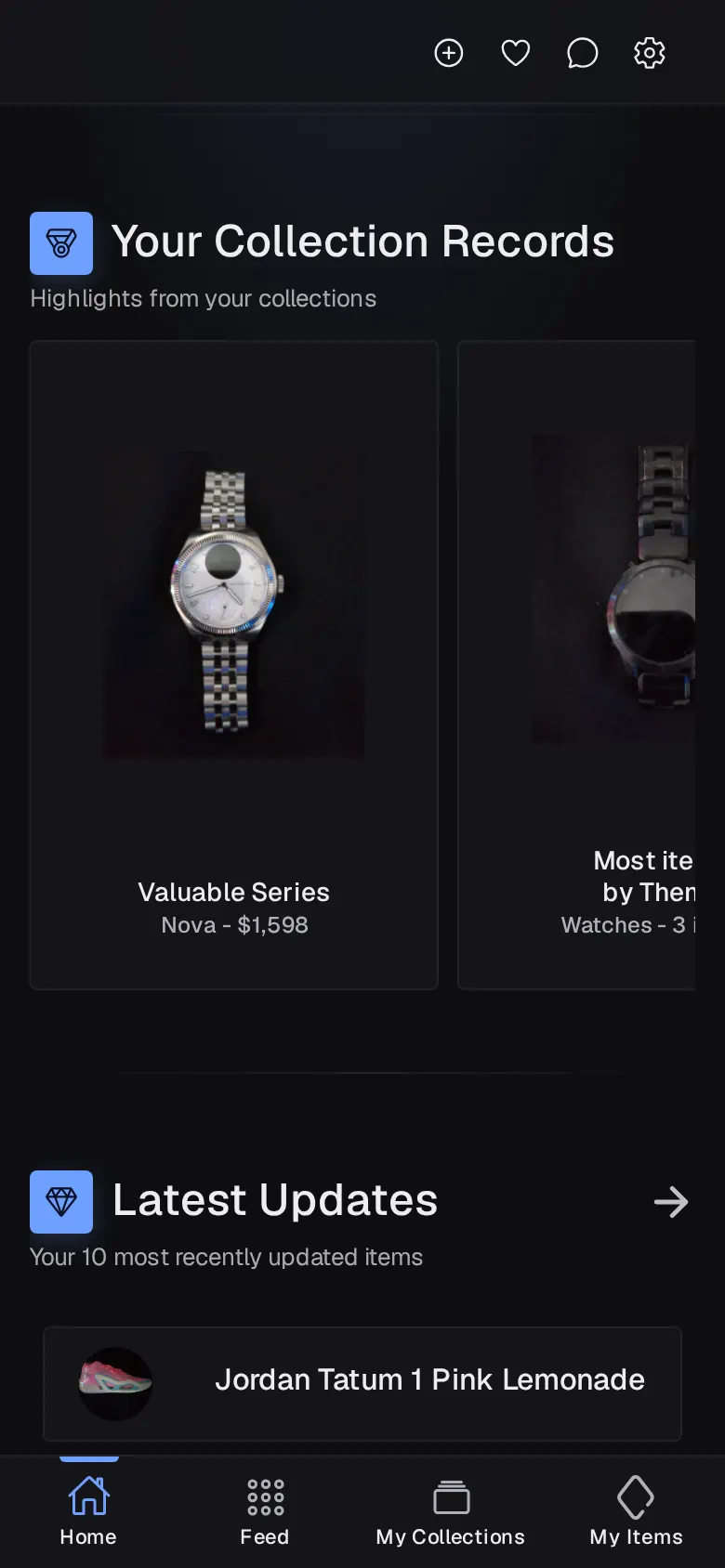 Your Collection Records on Lootero's Home screen, with the most valuable series and Latest Updates