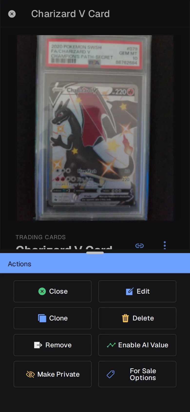 The Actions menu on a Lootero item: Close, Edit, Clone, Delete, Remove, Enable AI Value, Make Private and For Sale Options