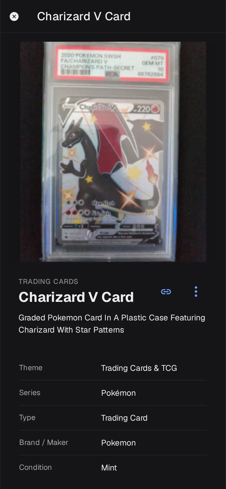 An item page in Lootero for a PSA 10 Charizard V card showing its theme, series, type and maker
