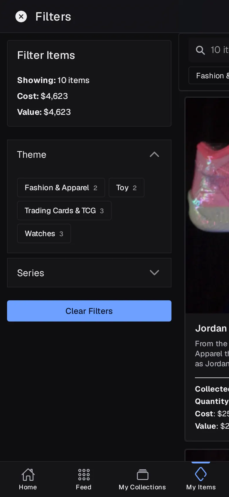 Lootero's Filter Items panel showing 10 items, total cost and value, and theme filters