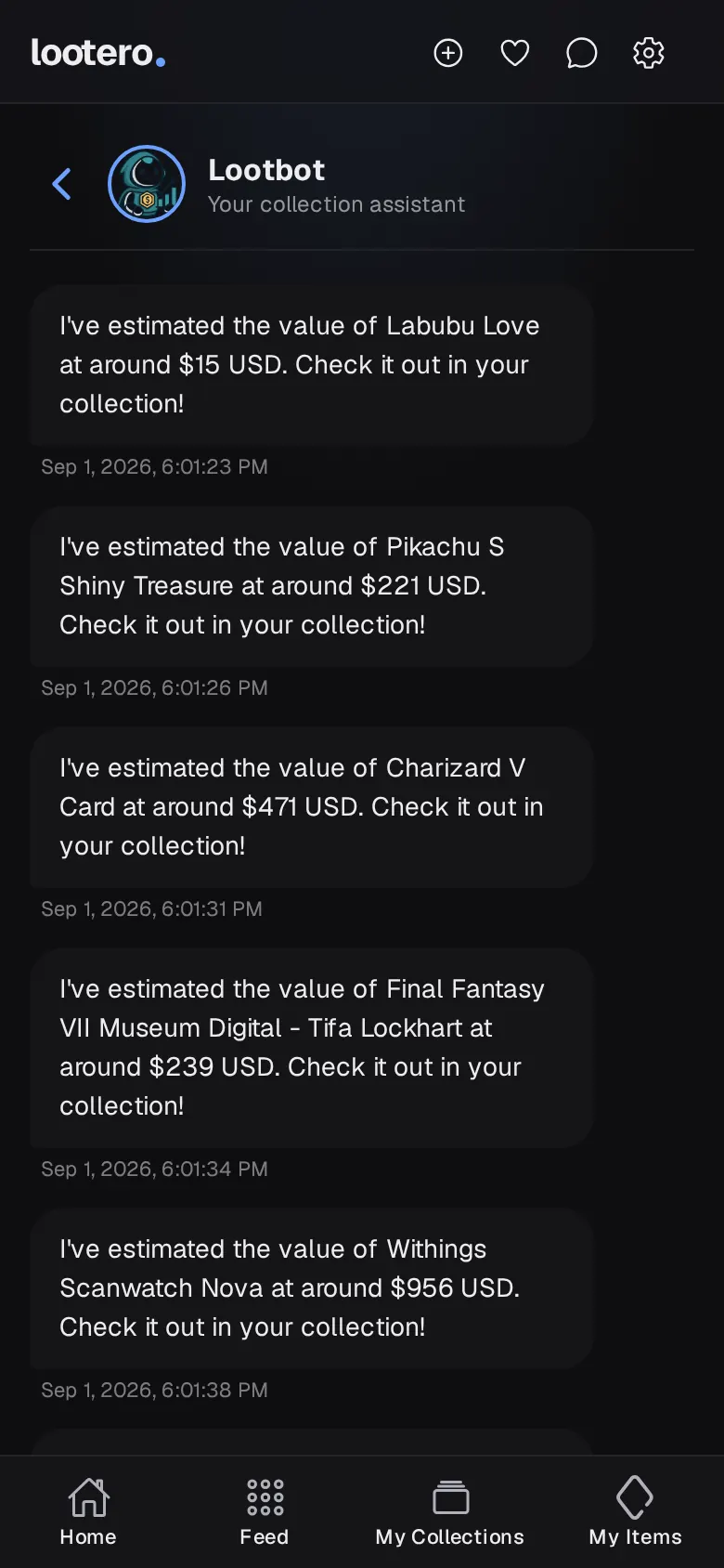Messages from Lootbot estimating the value of items such as a Charizard V card and a Withings watch